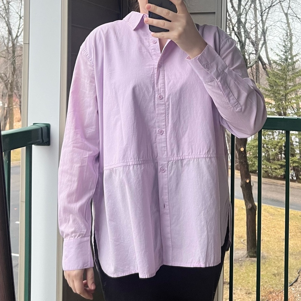 🆕 Solid Lilac Shirt 100% Cotton LS Buttons Up Back Slit Tunic M - Picture 3 of 11